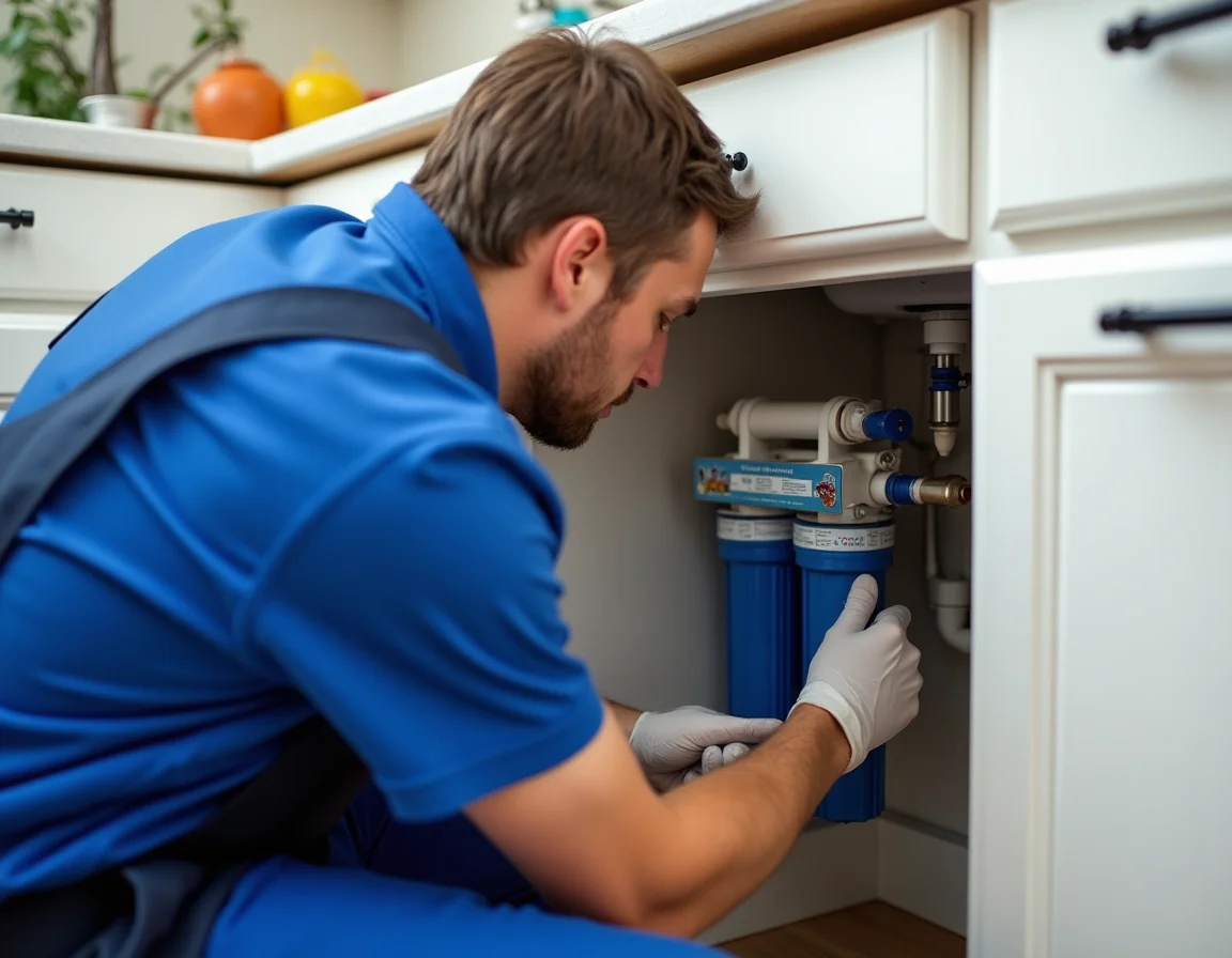Plumber completing water filtration installation